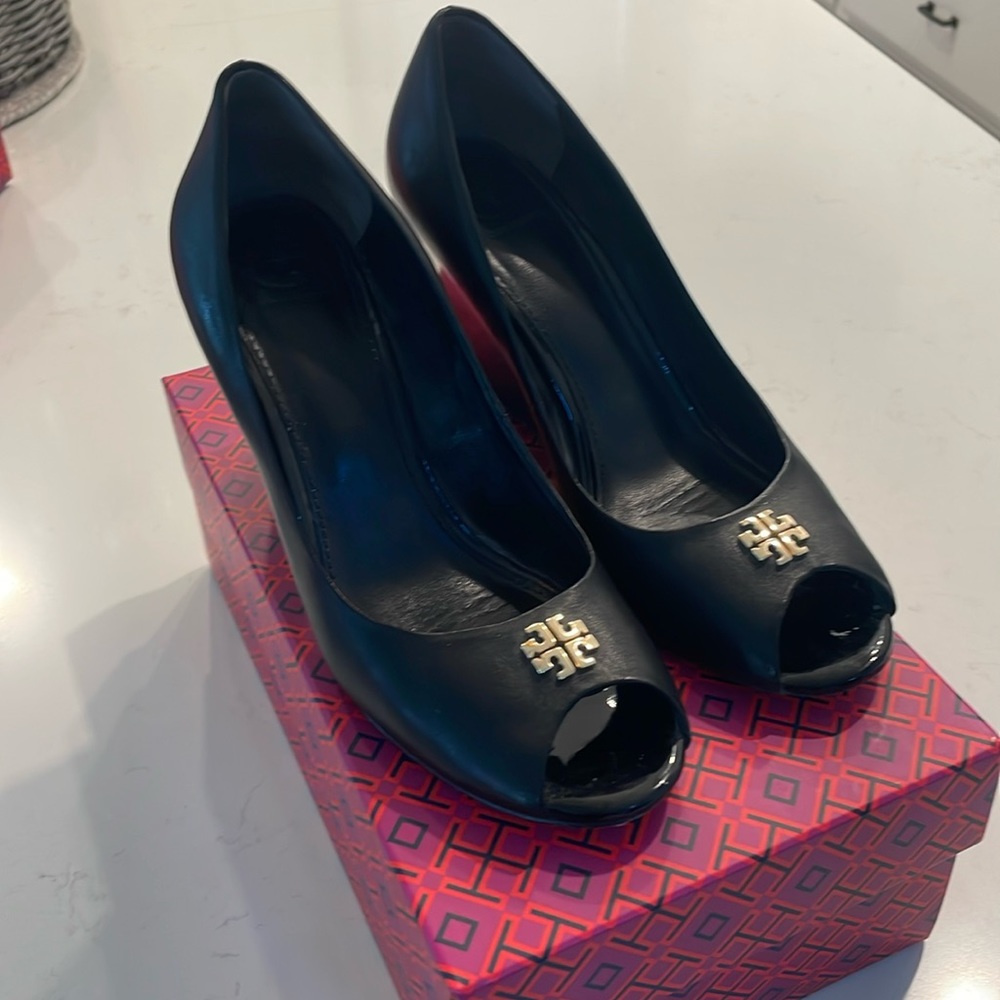 Tory Burch Peep Toe Wedges in Black